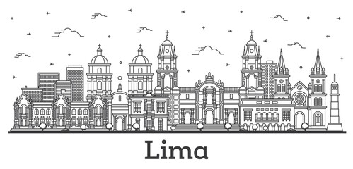 Outline Lima Peru City Skyline with Modern and Historic Buildings Isolated on White. - obrazy, fototapety, plakaty