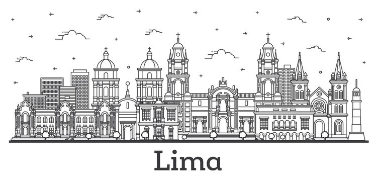 Outline Lima Peru City Skyline with Modern and Historic Buildings Isolated on White.