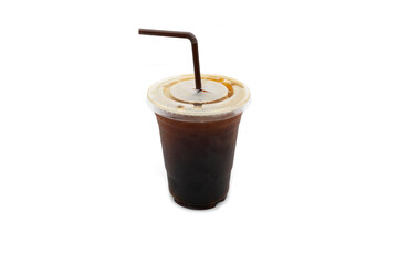 Iced black coffee in plastic cup isolated on white background.