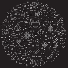 Simple Set of herbs and spices Related Vector Line Illustration. Contains such Icons as basil, parsley, rosemary, bay leaf, chili, onion, dill, cloves, garlic and Other Elements.