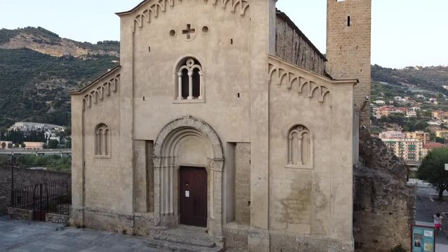 Aerial drone shot of a view of the church of San Michele Arcangelo in the medieval old town of Ventimiglia in Italy, Liguria, Italy. Beautiful panoramic aerial view from flying unmanned
