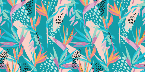 Abstracte kunst naadloze patroon met tropische bladeren en bloemen. Modern exotisch ontwerp