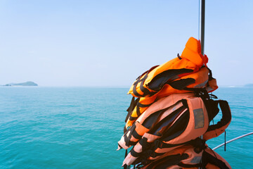 Stack of life jackets for boat. 