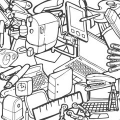 Naklejka premium Set of business office stationery hand drawn. Close up doodle object graphic vector illustration.