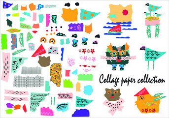 Collection of collage paper. A set of pieces of paper, different shapes. Cheerful collage. Hand drawn modern design. Various shapes and hand-drawn textures. Digital vector illustration