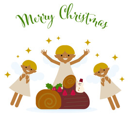 クリスマスの天使とブッシュドノエルのイラスト