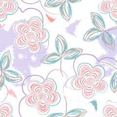 Vector seamless decorative floral pattern imitation pastel technique, drawing of flowers with leaves on background - obrazy, fototapety, plakaty