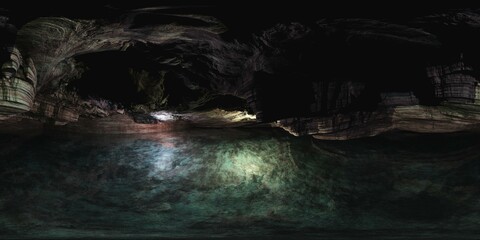 underground lake, cave, grotto, HDRI, environment map , Round panorama, spherical panorama, equidistant projection, 360 high resolution panorama, 3d rendering, 