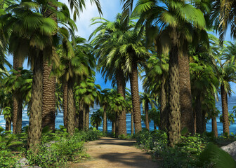 Fototapeta na wymiar 3D Palm trees on island and blue sky