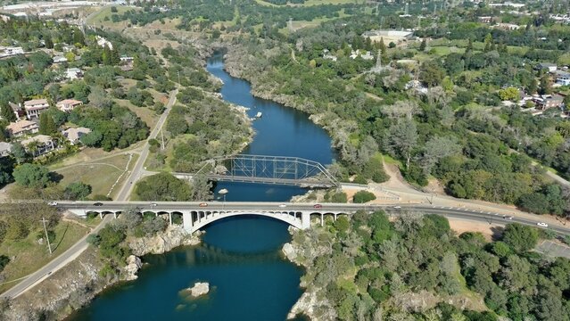 View of the American River as it winds through the city of Folsom, California.