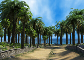 3D Palm trees on island and blue sky