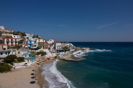 View to the picturesque fishing village Armenistis with whitewashed houses.