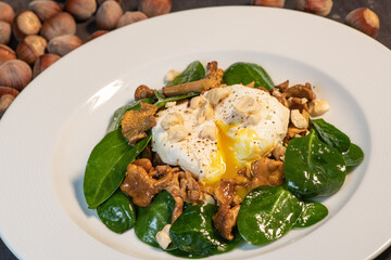 Recipe for poached egg with black tea cut with a knife, warm salad of chanterelles, High quality photo