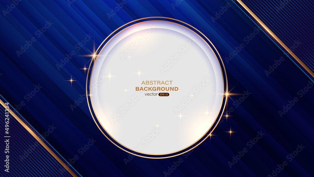 Poster gold line abstract background with golden circle frame and light shiny, oblique blue gradient shape.
