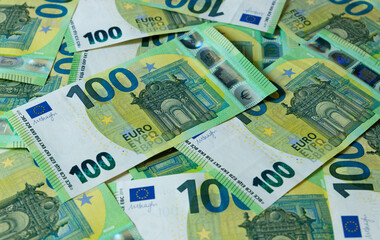Banknotes of 100 hundred Euros. European currency.