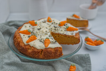 Traditional carrot cake with cream cheese frosting for Easter brunch
