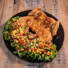 Chicken recipe, roast cockerel and its vegetables, corn condiment, High quality photo