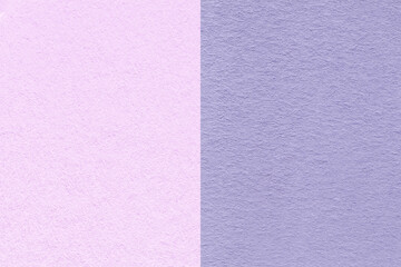 Texture of craft pastel lilac and violet paper background, half two colors. Structure of vintage...