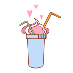 Milkshake with cream. A blue tumbler with two colored tubes and hearts. Hand-drawn vector illustration in doodle style. A declaration of love. For menus, stickers, icons and Valentine's Day cards.