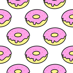 A pattern of bright donuts on a white background in pop art style for print and design. Vector illustration.