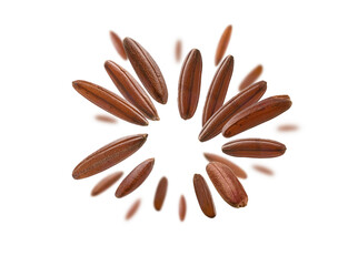 Raw brown rice levitates on a white background
