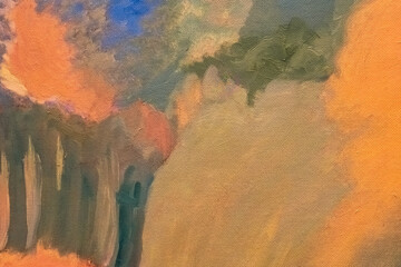 Abstract art background dark orange and green colors. Watercolor painting on canvas with beige gradient.