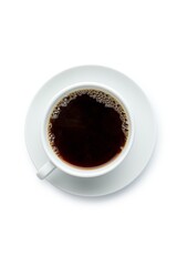 Porcelain filter coffee cup with saucer on white background. Top view.