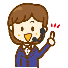 コールセンターで働いている女性のイラスト・ビジネス・イヤホン・指さしポーズ