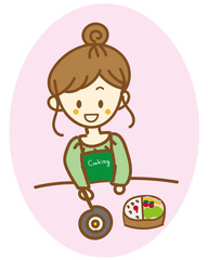 朝、張り切ってお弁当を作るかわいい女性の手書きイラスト。お弁当作り・自炊・節約