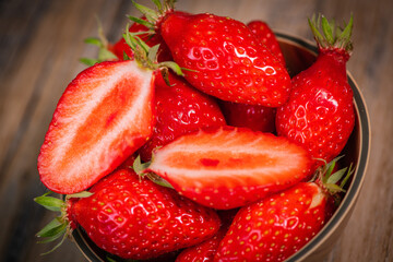 Ripe red strawberries on wooden table, High quality photo