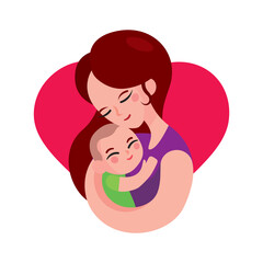 Mother hugging baby in her arms on love shape background illustration