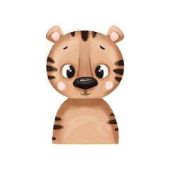 Cute baby animal portrait - tigre. Digital illustration. Animal isolated on white background background.