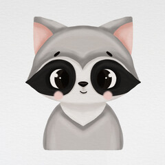 Cute baby animal portrait - raccoon. Digital illustration. Animal isolated on watercolor paper background.