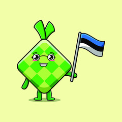 Cute cartoon Ketupat mascot character with flag of Estonia country in modern design