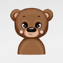 Cute baby animal portrait - bear. Digital illustration. Animal isolated on watercolor paper background.