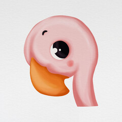 Cute baby animal portrait - flamingo. Digital illustration. Animal isolated on watercolor paper background.