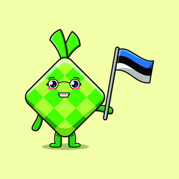 recommend clip art: Cute cartoon Ketupat mascot character with flag of Estonia country in modern design