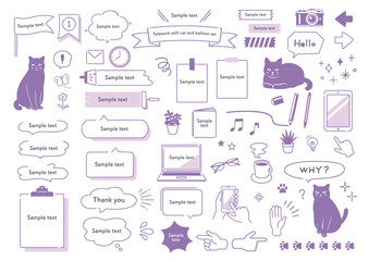 猫と吹き出しのフレームセット　テレワーク　PC　文房具　吹き出し　ねこ　仕事