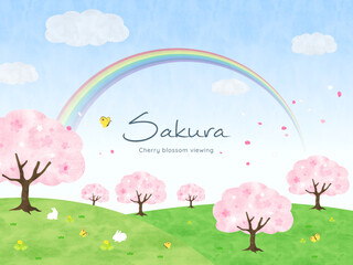 春　満開の桜と虹　イラスト素材