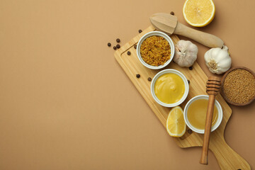 Concept of cooking honey mustard sauce, space for text