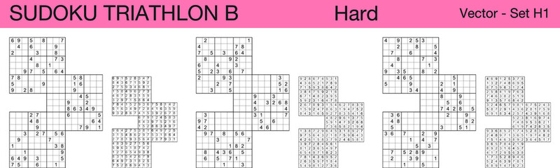 A set of 3 hard scalable sudoku triathlon B puzzles suitable for kids, adults and seniors and ready for web use, or to be compiled into a standard or large print activity book.