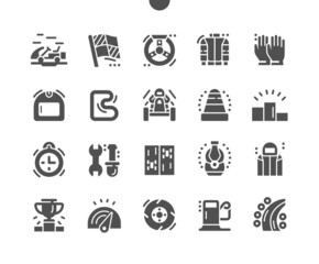 Karting. Racing car. Gas station, traffic cone, speed and repair tools. Driving, leisure, road, race and sport car. Vector Solid Icons. Simple Pictogram