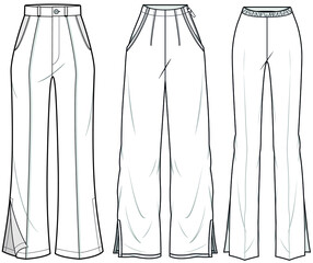 Women Boot Cut Pant with Side Slit, Flared Pant, women bootcut trousers Set. fashion illustration vector, CAD, technical drawing, flat drawing.