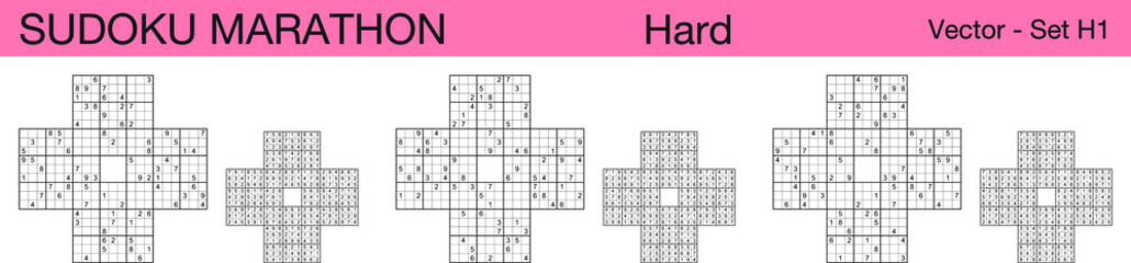 A set of 3 hard scalable sudoku marathon puzzles suitable for kids, adults and seniors and ready for web use, or to be compiled into a standard or large print activity book.