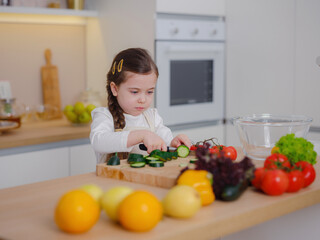 Young Girl Vlogger Making Social Media Video About Cooking At Home, looking on smartphone on tripod. episode about healthy eating. concept of attraction children to healthy diet of early age