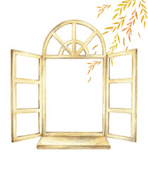 洋風の木製の窓と紅葉　手描き色鉛筆画