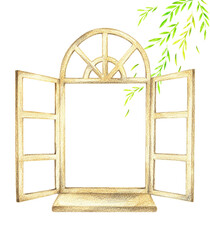 洋風の木製の窓と緑　手描き色鉛筆画