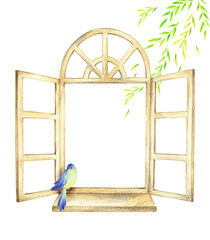 洋風の木製の窓と緑と青い鳥　手描き色鉛筆画