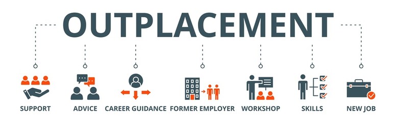 Outplacement banner web icon vector illustration concept with icon of support, advice, career guidance, former employer, workshop, skills, new job, training, and presentation