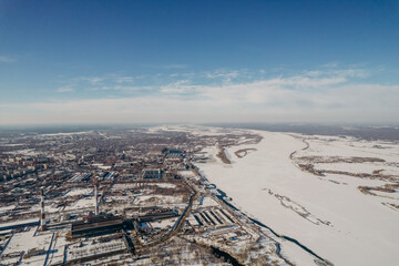 view of winter Nizhny Novgorod from above, Volga river, bridges